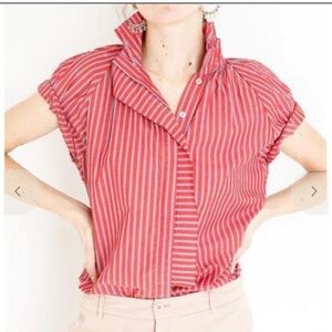 A SHIRT THING Stella ruffle red stripe blouse cap sleeve LARGE